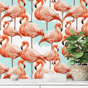 Elegant Abstract Flamingos Wallpaper, Tropical Pink Peel & Stick Mural, Chic Flamingo Pattern Wall Decor, Removable Wall Art for Home Decor
