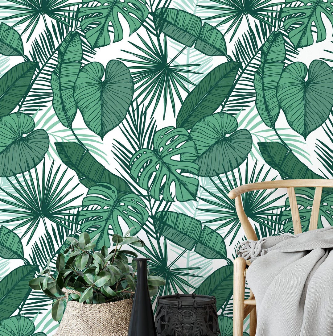 Lush Greenery Peel & Stick Wallpaper - Green Tropical Leaves Wall Mural ...