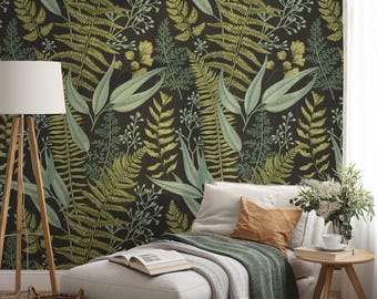 Botanische Pflanzen und Blätter mit dunklem Hintergrund zum Abziehen und Aufkleben, von der Natur inspiriertes Wandbild, selbstklebende Wohndekoration