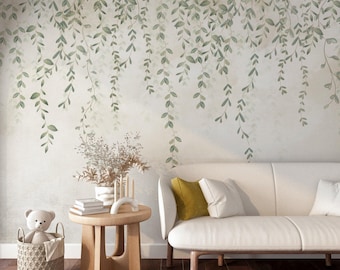 Romantic Hanging Vines Illustration Wallpaper, Soft Backdrop With Leaves Peel & Stick Wall Mural, Self Adhesive Wall Decor