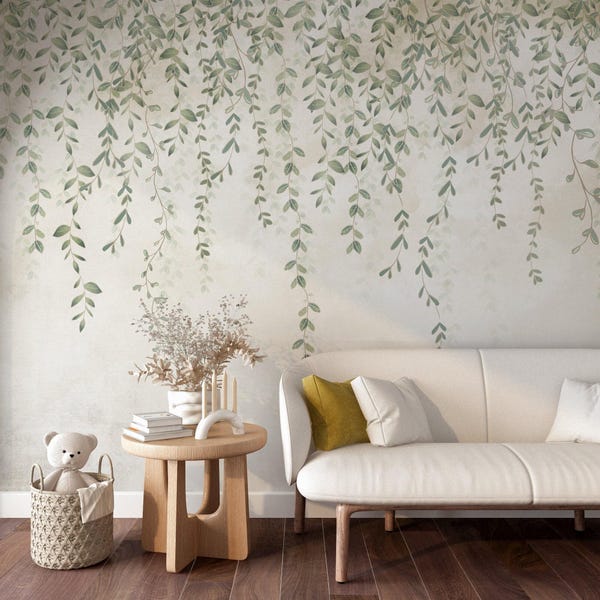 Papel de parede com ilustração romântica de trepadeiras suspensas, fundo suave com folhas, mural de parede autoadesivo.