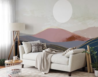 Minimalistisk ökensoluppgångstapet, abstrakta berg, självhäftande väggmålning, lugn väggdekor, avtagbar minimalistisk heminredningstapet