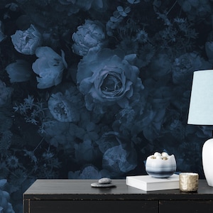 Dark Blue Flowers And Roses Peel & Stick Wallpaper, Moody Navy Floral Wall Mural, Self-Adhesive Dark Elegant Home Decor