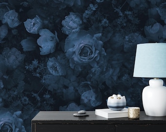 Dark Blue Flowers And Roses Peel & Stick Wallpaper, Moody Navy Floral Wall Mural, Self-Adhesive Dark Elegant Home Decor