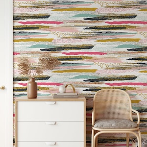 Carta da parati staccabile e adesiva con pennellate di glitter dorati, elegante murale disegnato a mano, decorazione con motivo strutturato, lussuosa arte murale rimovibile