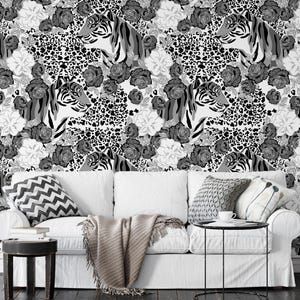 Grayscale Roses Tigers Wallpaper, Monochrome Tiger Floral Peel & Stick Mural, Leopard Print Wall Decor, Chic Removable Wall Art, Modern Home