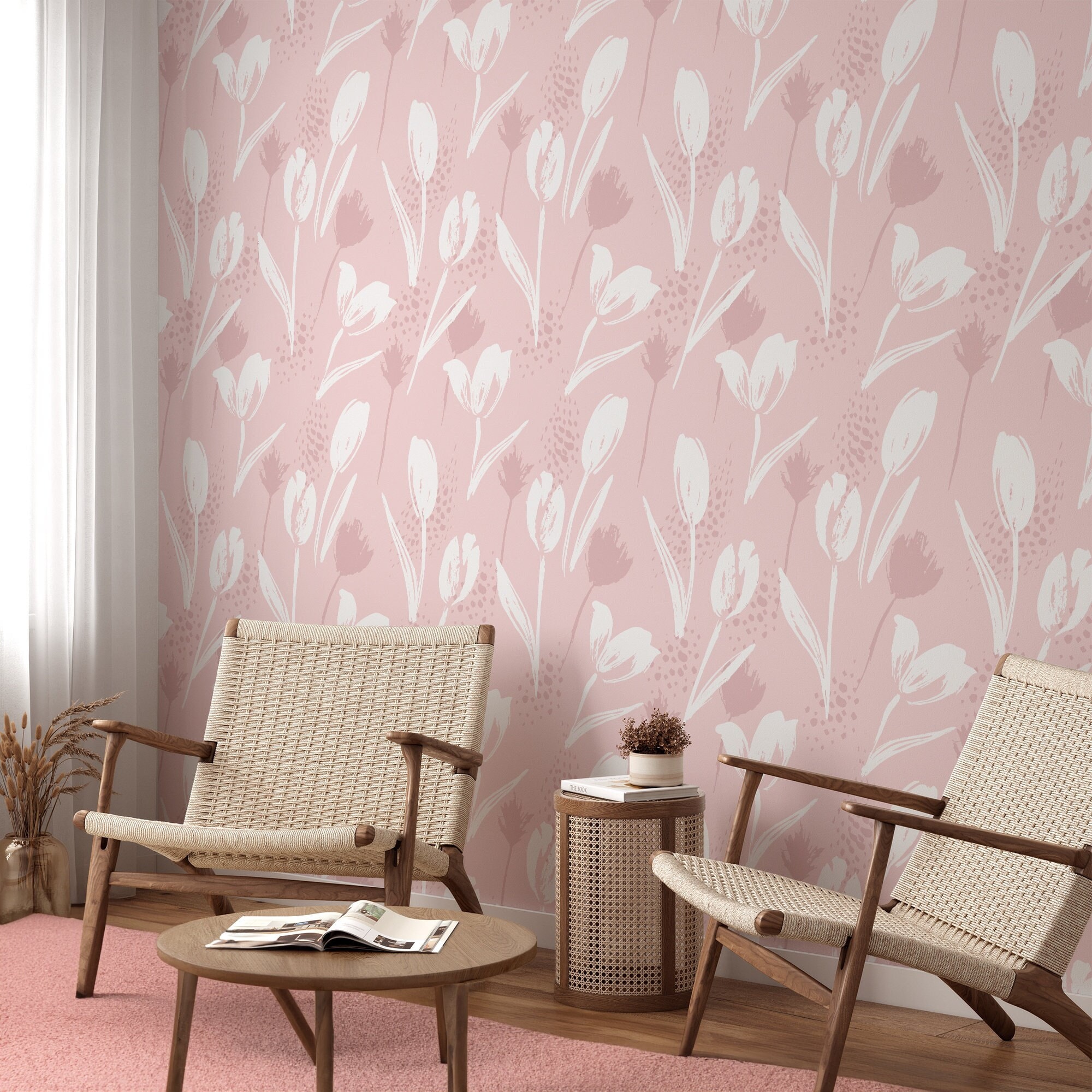 Pastel Pink Tulips Illustration Peel & Stick Wallpaper, Elegant Pink ...