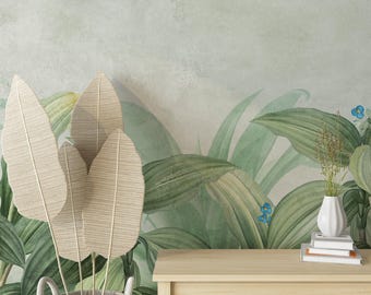 Botanical Large Plants Illustration Wallpaper, Vintage Style Green Leaves Peel & Stick Wall Mural, Self Adhesive Leaves Wall Decor