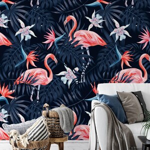 Majestic Flamingos Dark Blue Tropical Leaves Peel & Stick Wallpaper - Elegant Flamingo Wall Mural, Removable Tropical Decor, Home Art