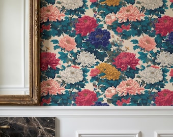 Maximalistische Blumentapete zum Schälen und Aufkleben, Vintage Chinoiserie Wandbild, Moody Chrysantheme Wandkunst, Marineblau und Rosa Wanddekor
