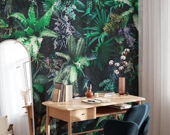 Tropical Botanics With Various Plants And Leaves Wallpaper, Green Botanical Peel & Stick Wall Mural, Self Adhesive Wall Decor