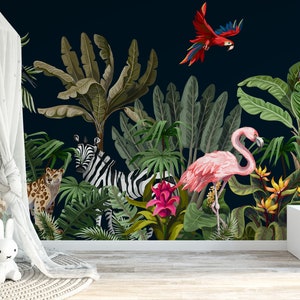 Carta da parati floreale con animali esotici della giungla, murale con sfondo scuro staccabile e attaccabile, decorazione murale con animali tropicali, arte murale rimovibile avventurosa