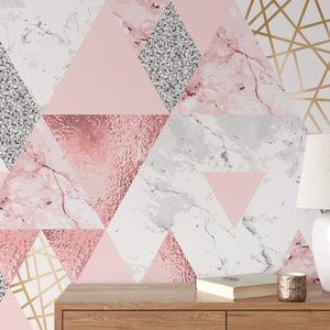 Graue und rosa geometrische Tapete, gefrostete Textur, modernes dreieckiges Wandbild zum Abziehen und Aufkleben, zeitgenössisches Wohndekor