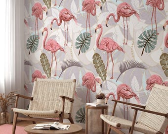 Elegant Pink Flamingo and Palm Leaves Wallpaper, Tropical Peel & Stick Mural, Flamingos Wall Decor, Chic Removable Wall Art, Nature-Inspired