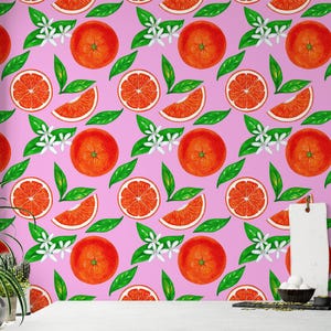 ピンクの背景に鮮やかなオレンジの壁紙、鮮やかなフルーティーな壁画、粘着式キッチン装飾