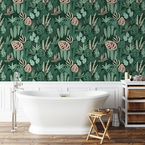 Green Abstract Jungle Flat Art Leaves Illustration Wallpaper, Dark Green and Pink Tropical Leaves Peel & Stick Wall Mural