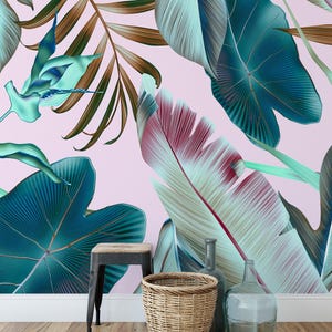 Große Tropische Blätter mit Pastellrosa Hintergrund zum Abziehen und Aufkleben, modernes botanisches Wandbild, selbstklebendes Wohndekor