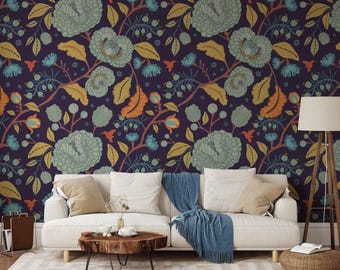 Damask Style Paisley Illustration Peel & Stick Wallpaper, Enchanting Midnight Floral Wall Mural, Luxurious Art Deco Wall Decor