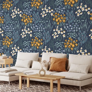 Navy Blue Floral Meadow Peel & Stick Wallpaper, Dark Blue Flowers And Leaves Wall Mural, Nature-Inspired Botanical Home Decor