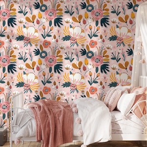Cute Abstract Pink Floral Design Peel & Stick Wallpaper, Playful Floral Meadow Wall Mural, Self-Adhesive Abstract Home Decor