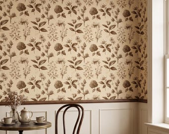 Vintage botanische illustratie Peel-and-Stick behang, rustieke boerderij bloemenmuurschildering, neutrale beige wilde bloem