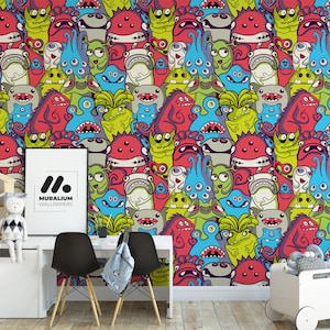 Colorful Cartoon Monsters Kids Wallpaper, Vibrant Creatures Peel & Stick, Playful Self Adhesive Mural, Fun Wall Decor, Children&#39;s Room Art