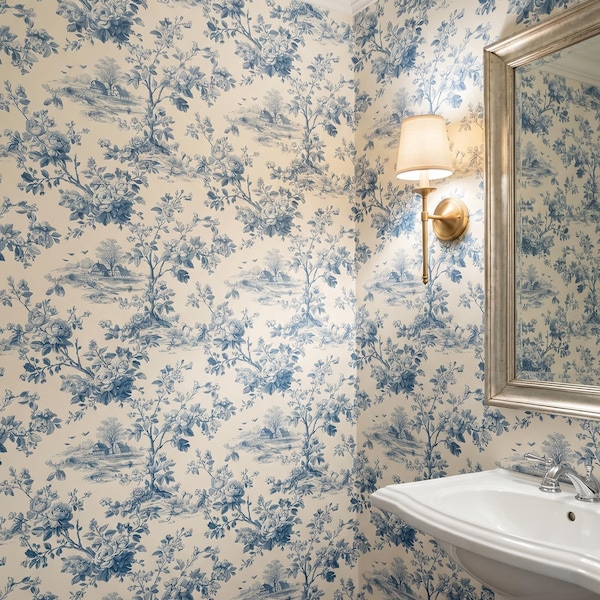 Vintage Blue Toile Peel and Stick Wallpaper, French Country Floral Wall Mural, Cottagecore Garden Removable Wallpaper, Romantic Wall Art