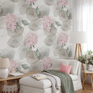 Watercolor Soft Pink Flowers Peel & Stick Wallpaper, Elegant Pastel Pink Hydrangeas Wall Mural, Self-Adhesive Floral Home Decor