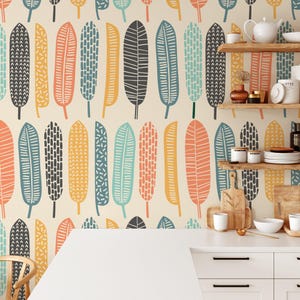 Abstract Tropical Feather Wallpaper, Playful Peel & Stick Mural, Feather Array Wall Decor, Removable Home Art, Modern Room Decor