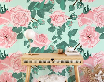 Charming Pink Roses Illustration Peel & Stick Wallpaper, Green and Pink Floral Wall Mural, Self-Adhesive Elegant Home Decor