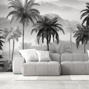 Black And White Palm Trees Illustration Wallpaper, Tropical Black Trees Peel & Stick Wall Mural, Self Adhesive Tree Wall Decor