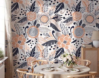 Abstract Floral Flat Art Style Peel & Stick Wallpaper, Contemporary Leaves Wall Mural, Self-Adhesive Living Room Wall Art