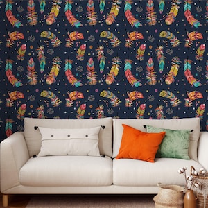 Colorful Flat Art Peel & Stick Feather Wallpaper, Navy Whimsical Nature-Inspired Wall Mural, Removable Art Decor, Home Room Wall Mural