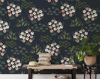 暗い背景の花束、剥がして貼る壁紙、暗い花の草原の壁画、自己粘着ガーデンデコレーション