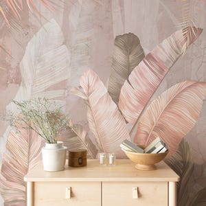 Mural de pared autoadhesivo con hojas de plátano en color rosa melocotón pastel, hojas tropicales pastel grandes, decoración de pared tropical.