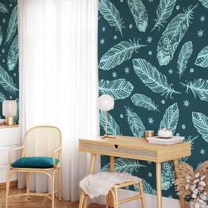 Dark Teal Feather Pattern Peel & Stick Wallpaper, Bohemian Navy Line Art Wall Mural, Removable Wall Decor, Home Decor, Feather Wall Art