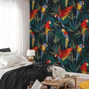 Vibrant Parrot Haven Peel & Stick Wallpaper - Flat Art Parrots in Dark Jungle Wall Mural, Removable Bird Decor, Exotic Home Art