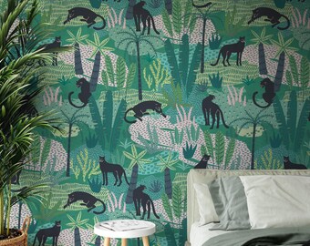 Papel pintado de selva tropical con panteras, mural autoadhesivo de safari en la jungla, arte mural con estampado animal
