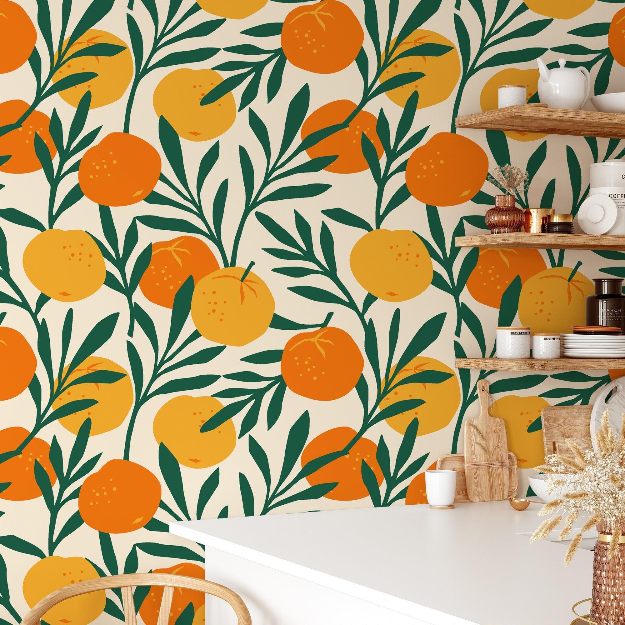 Orange & Green Leaves Wallpaper: Removable Floral Wall Mural Orange & Green Leaves Wallpaper: Removable Floral Wall Mural