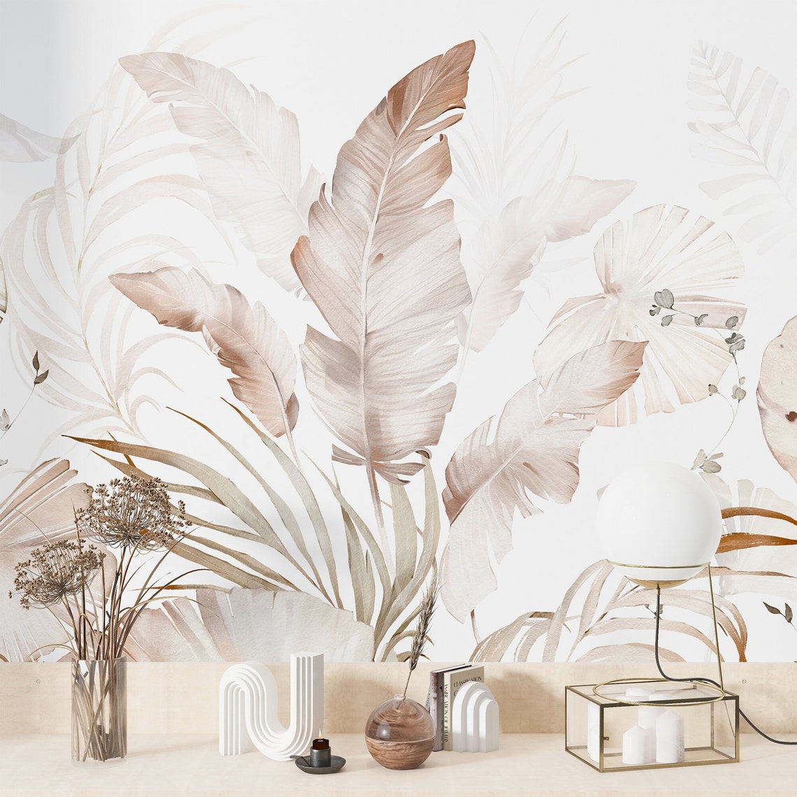 Soft Beige Aesthetic Leaves Wallpaper, Watercolor Effect Natural Leaves ...