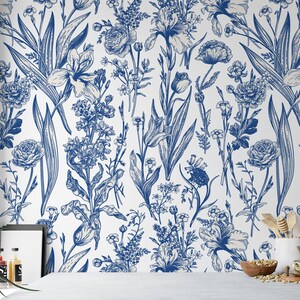 Niederländisch inspirierte blaue Blumen und Blätter Tapete, selbstklebendes, selbstklebendes Wandbild zum Aufkleben