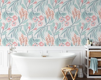 Papel pintado autoadhesivo con delicadas hojas pastel y flores, mural floral de arte plano, elegante decoración para el baño.