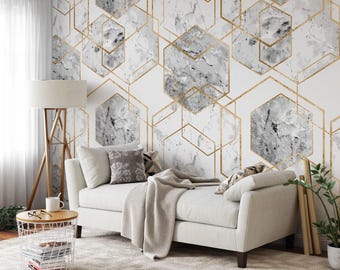Geometric Grey Watercolor Hexagons Wallpaper, Luxurious Gold Marble Peel & Stick Wall Mural, Modern Home Decor, Removable Wallpaper