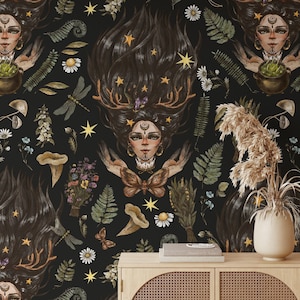 Enchanting Nature Goddess Peel & Stick Wallpaper, Whimsical Dark Witch Wall Mural, Nature-Inspired Mystical Wiccan Home Decor