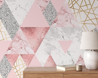 Grey and Pink Geometric Shaped Wallpaper, Frosted Texture Effect, Modern Triangular Peel & Stick Wall Mural, Contemporary Home Decor