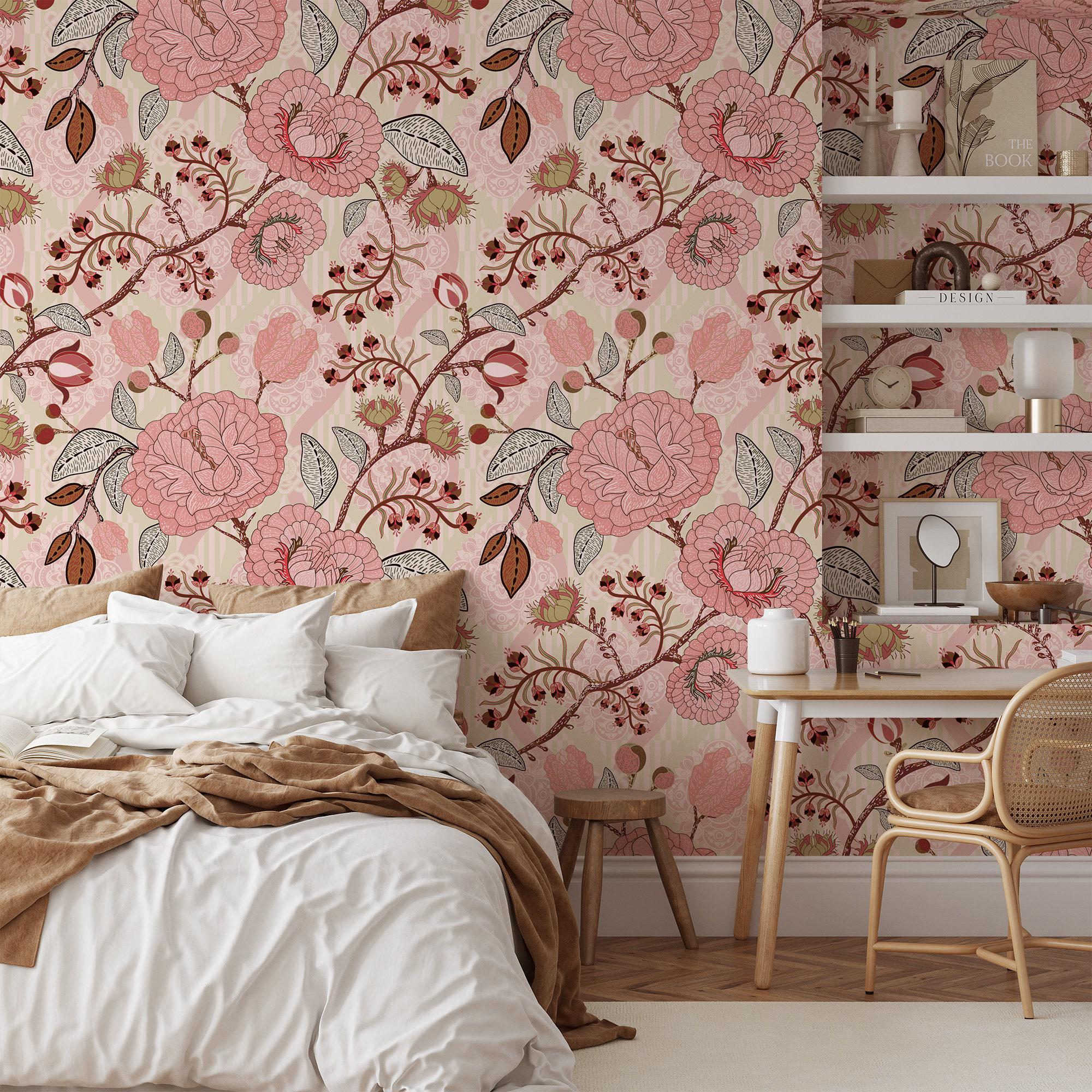 Rosa Paisley Damask Style Illustration Peel & Stick Wallpaper, Elegantes Vintage Wandbild, Romantische Blumen Schlafzimmer Dekor
