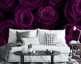 Luxe diep grote paarse rozen Peel & Stick-behang, donkerpaarse bloemen Goth-muurschildering, zelfklevend elegant woondecor
