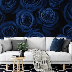 Large Dark Blue Roses Peel & Stick Wallpaper, Navy Blue Floral Wall Mural, Self-Adhesive Elegant Home Decor, Rose Wall Art