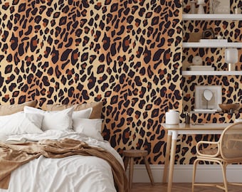 Papier peint chic à imprimé peau de léopard, décoration murale animalière, décoration murale moderne, oeuvre d'art murale amovible élégante, design de chambre contemporain