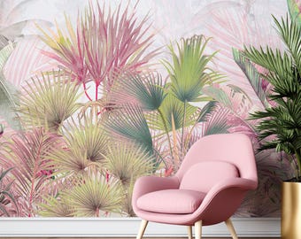 Carta da parati con foglie tropicali dai colori pastello, murales botanici rosa e verdi pastello autoadesivi, decorazione murale autoadesiva